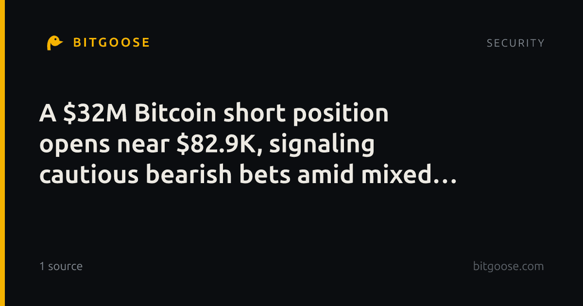 A $32M Bitcoin short position opens near $82.9K, signaling cautious bearish bets amid mixed market signals.