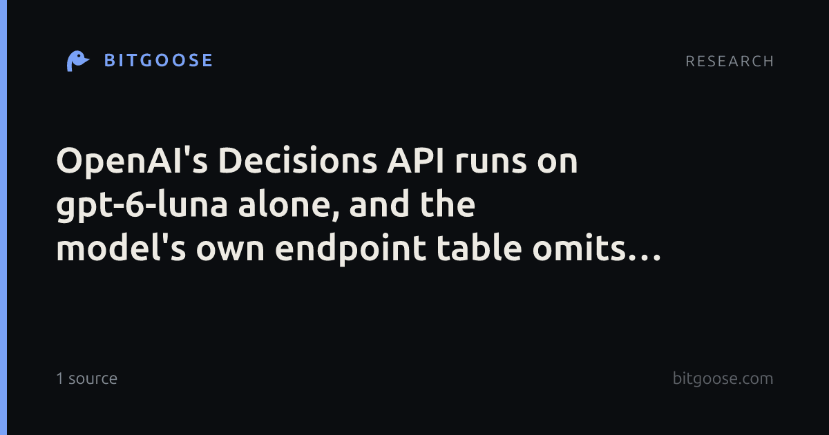 OpenAI's Decisions API runs on gpt-6-luna alone, and the model's own endpoint table omits it
